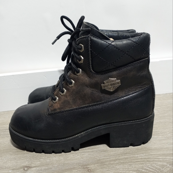 Harley-Davidson Woman's Black Leather Platform Heeled Boots Size 6.5 - Picture 3 of 11